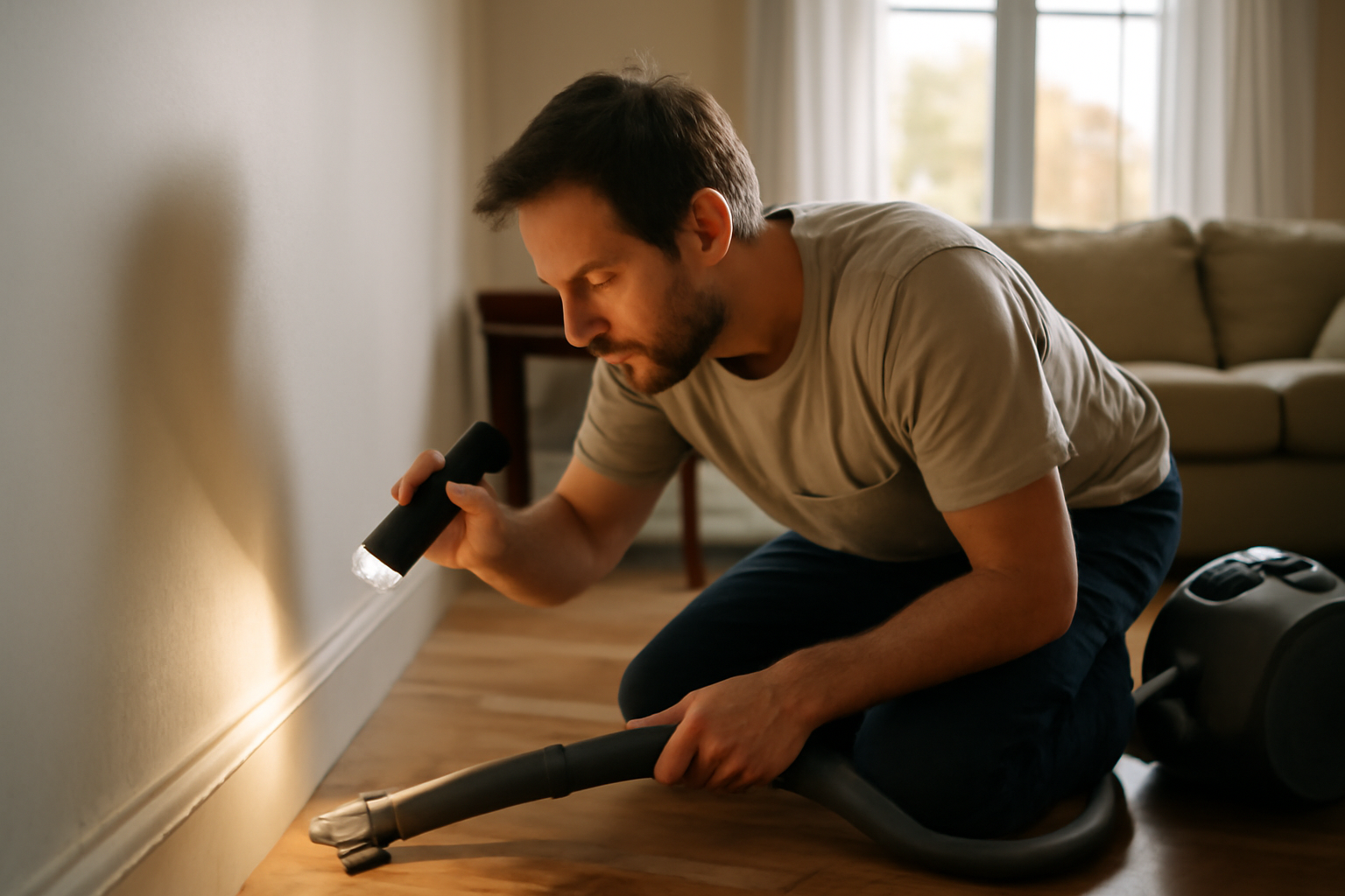 Puce de parquet : inspection au pied des plinthes dans un salon avec aspirateur et brosse