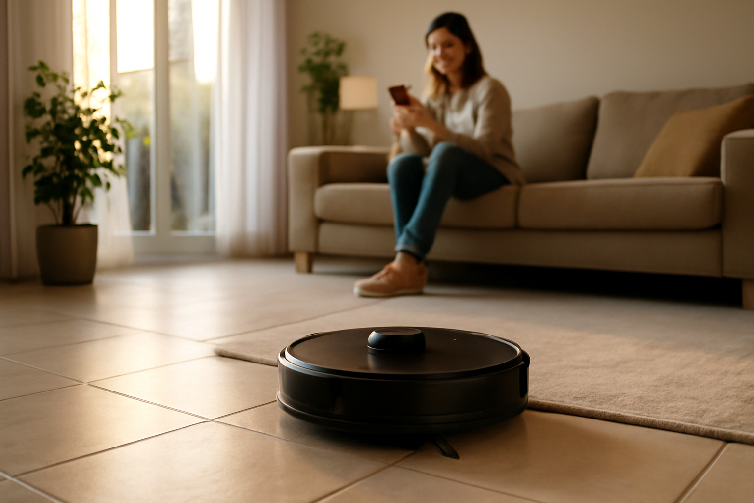robot aspirateur laveur 3 en 1 en action sur carrelage