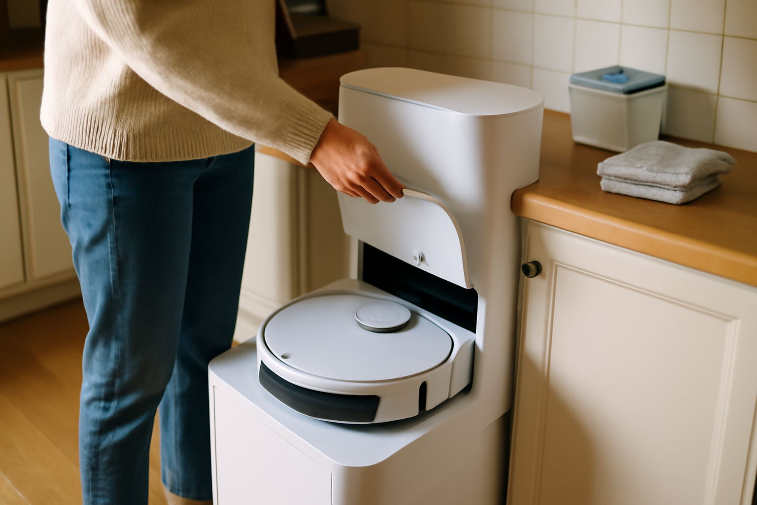 robot aspirateur laveur 3 en 1 avec réservoir d’eau et lingettes sur parquet