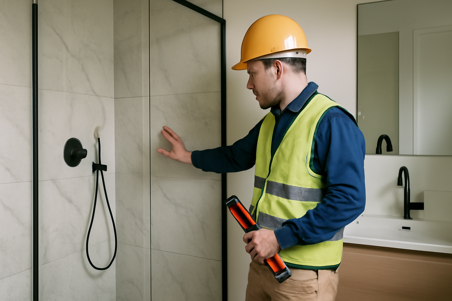 Salle de bain marbre moderne avec douche à l’italienne, paroi en pierre et joints étanches, lumière naturelle