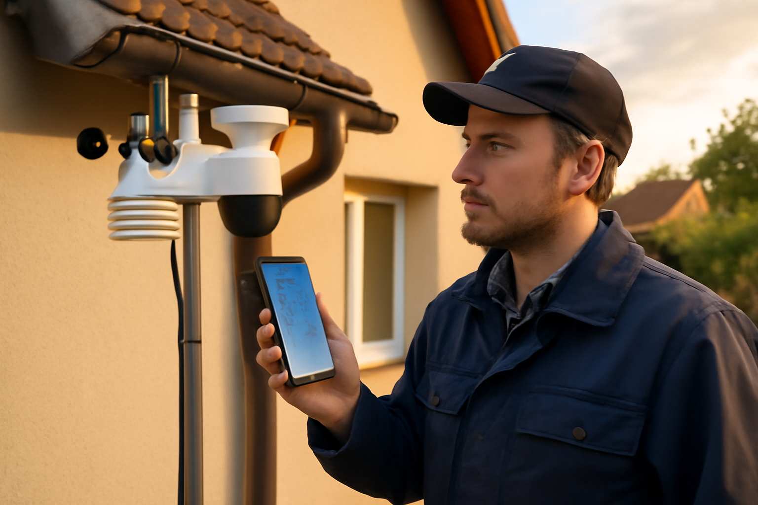 station météo Netatmo vs Davis sur un toit, capteurs extérieurs et écran météo