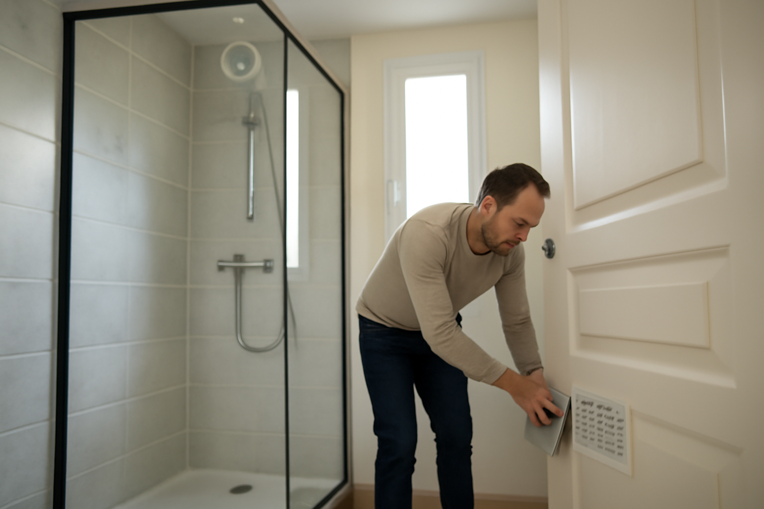 Ventilation dans une salle de bain : bouche d’extraction VMC au plafond près de la douche