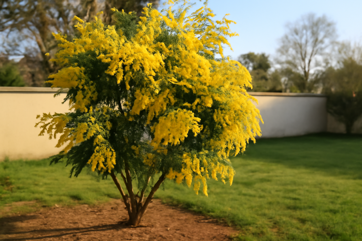 Acacia dealbata silver wattle en fleurs jaunes dans un jardin français, plein soleil