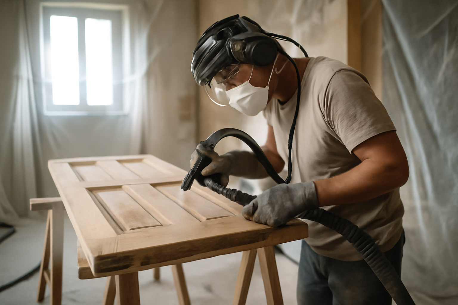 Aérogommage bois sur une porte en bois, opérateur avec EPI et aspiration