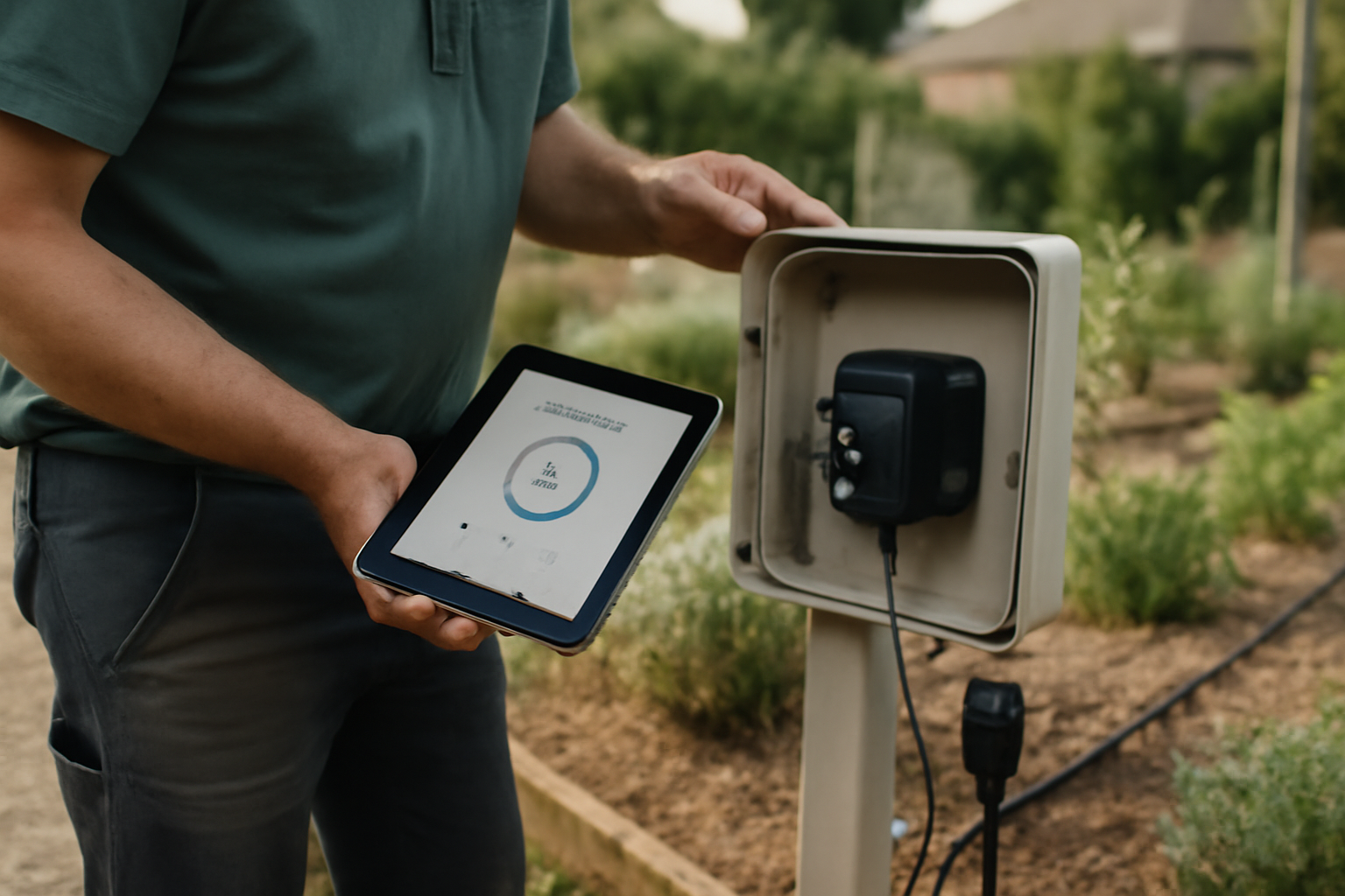Arrosage automatique connecté sans fil : programmateur Wi‑Fi et capteur d’humidité du sol sur le coffret jardin