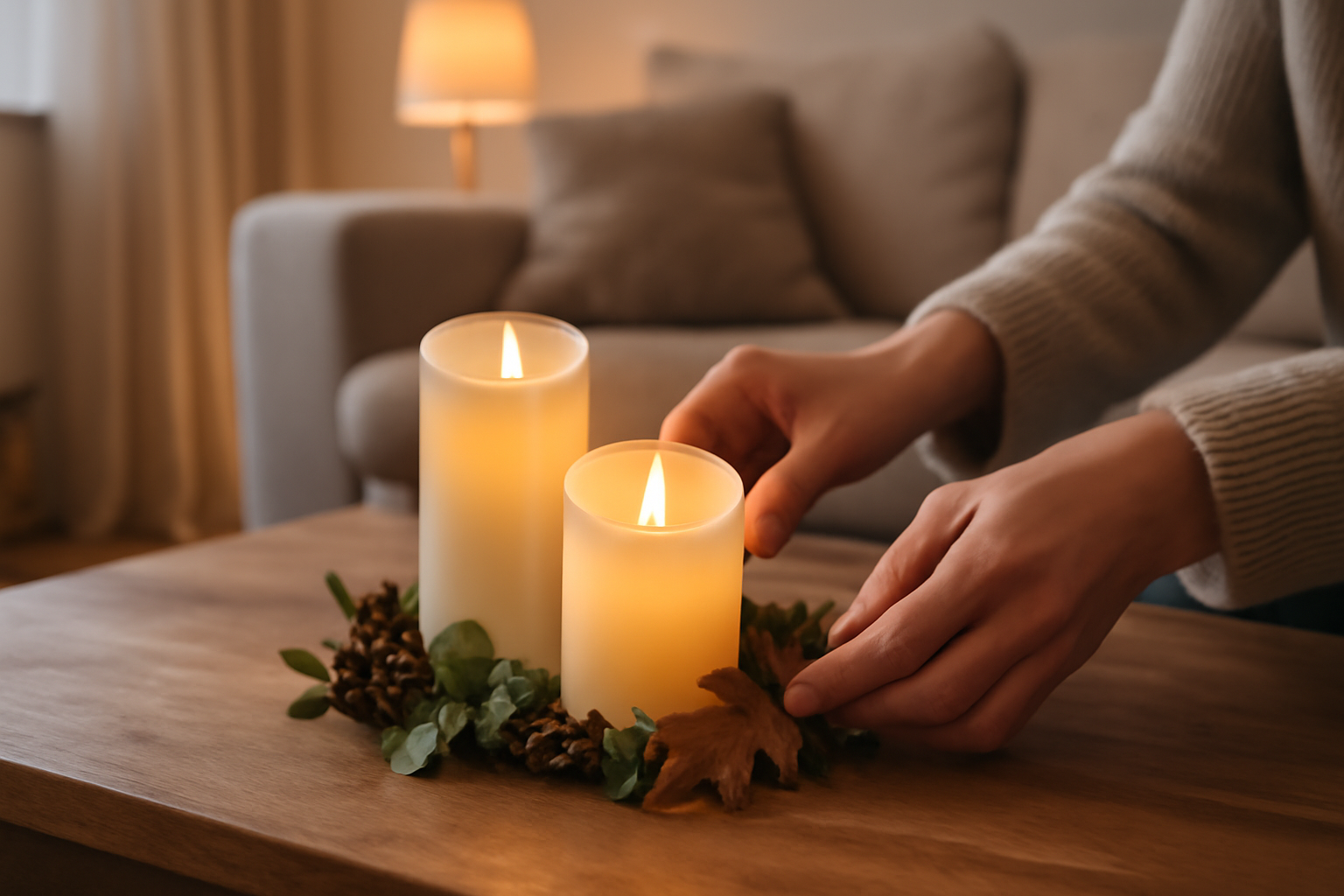 Bougies à leds avec flamme vacillante sur table en bois, lumière chaude et ambiance salon