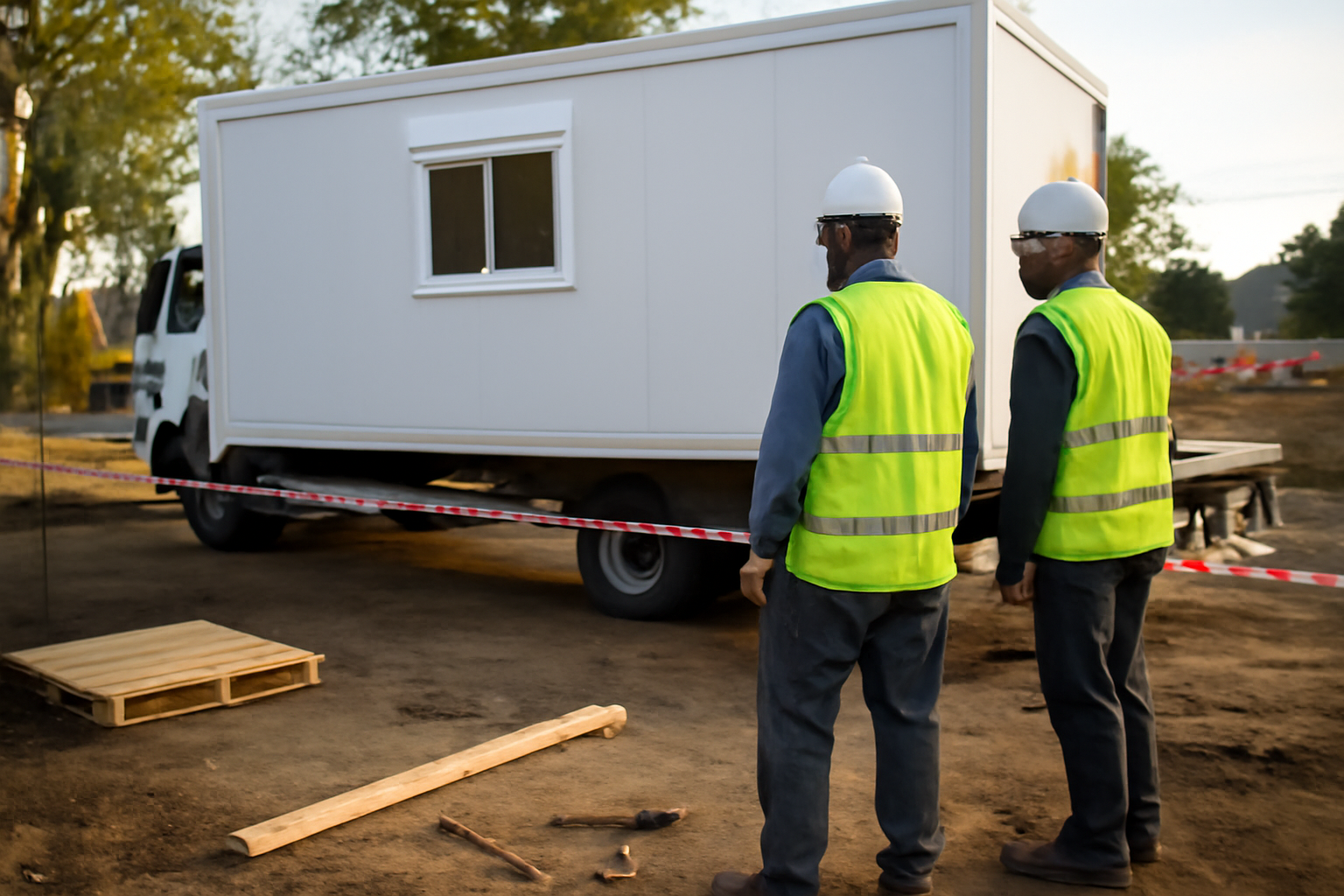Cabane de chantier livrée sur un site, pros en gilet et contrôle du sol