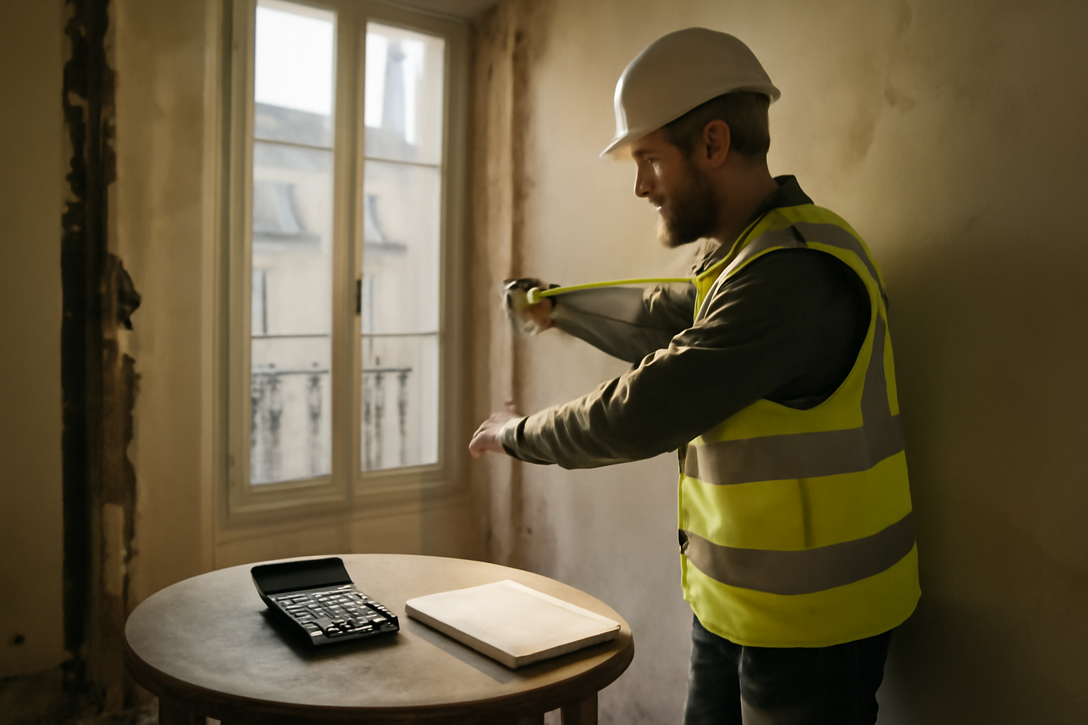 calcul m2 sur chantier : mesures au mètre ruban et calculatrice pour estimer la surface en mètres carrés
