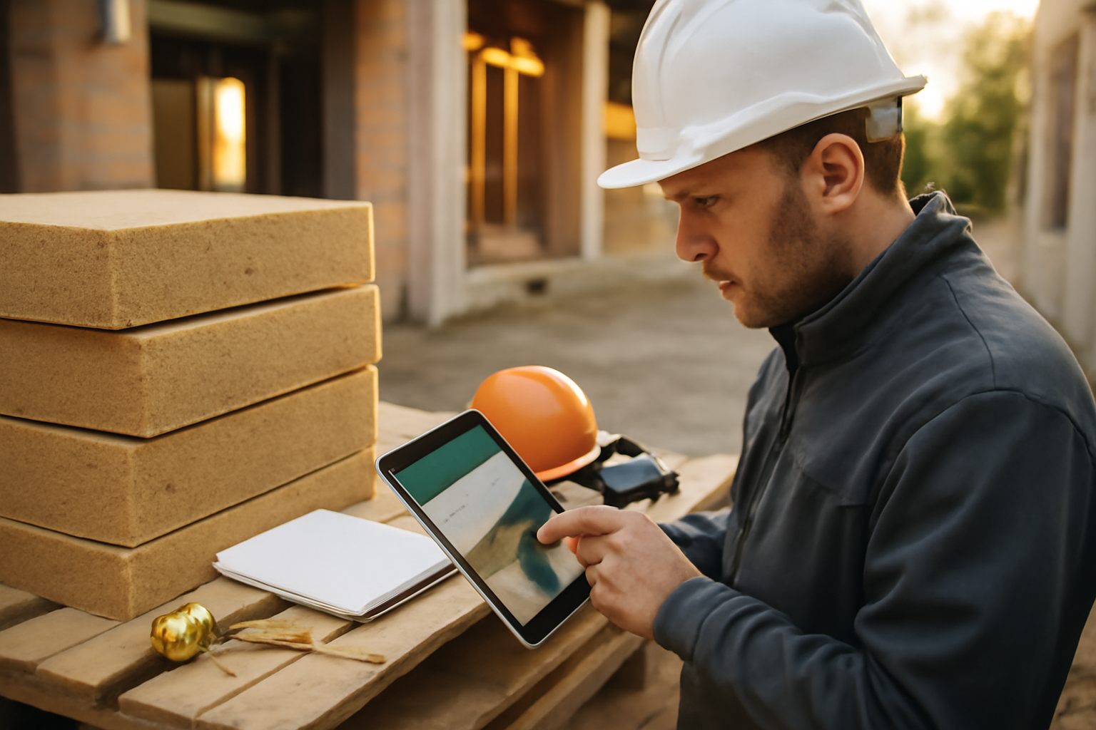 calculette homatherm résistance fibre de bois sur ordinateur au pied du chantier, avec panneaux et échelle