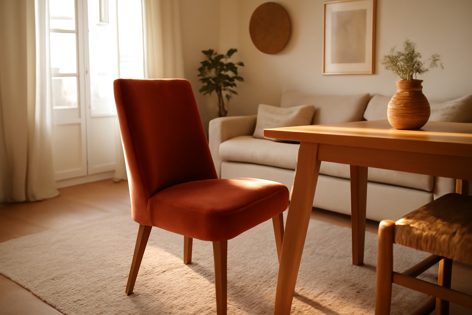 chaise terracotta velours sur table en bois clair, lumière chaude, intérieur moderne