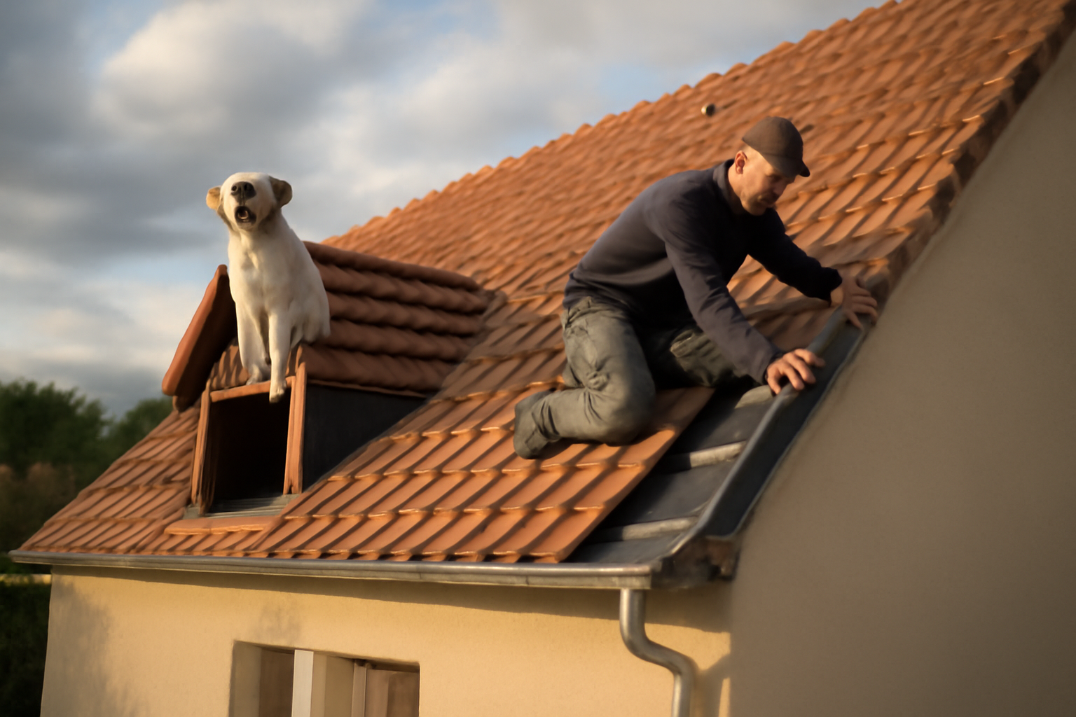 Chien assis sur toiture à pente inversée, tuiles et raccords visibles lors d’une inspection