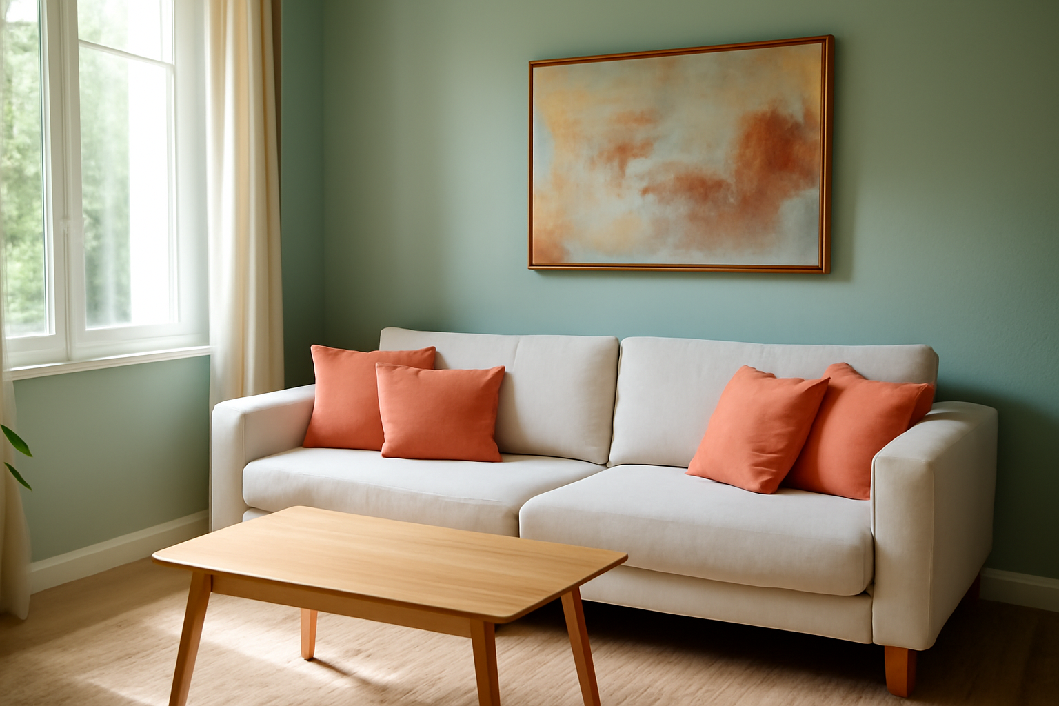 Association déco couleur complémentaire vert d’eau avec corail sur murs et textiles, lumière naturelle dans un salon français