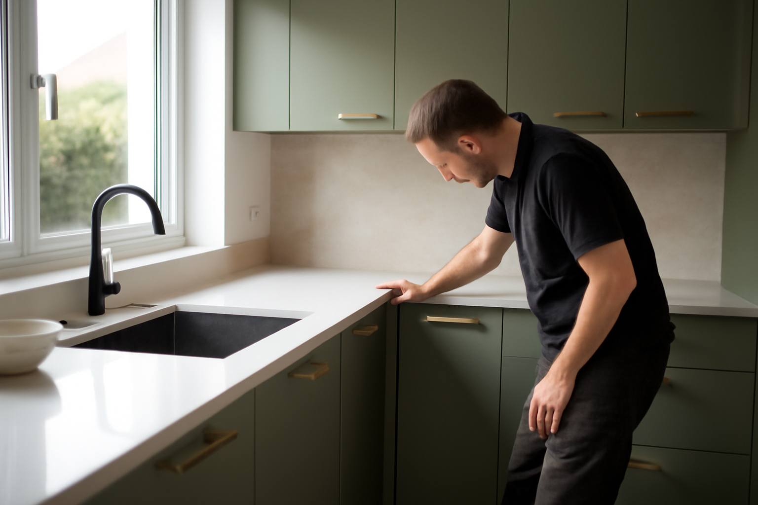 Cuisine verte et bois moderne avec éclairage LED sous meubles et plan de travail clair
