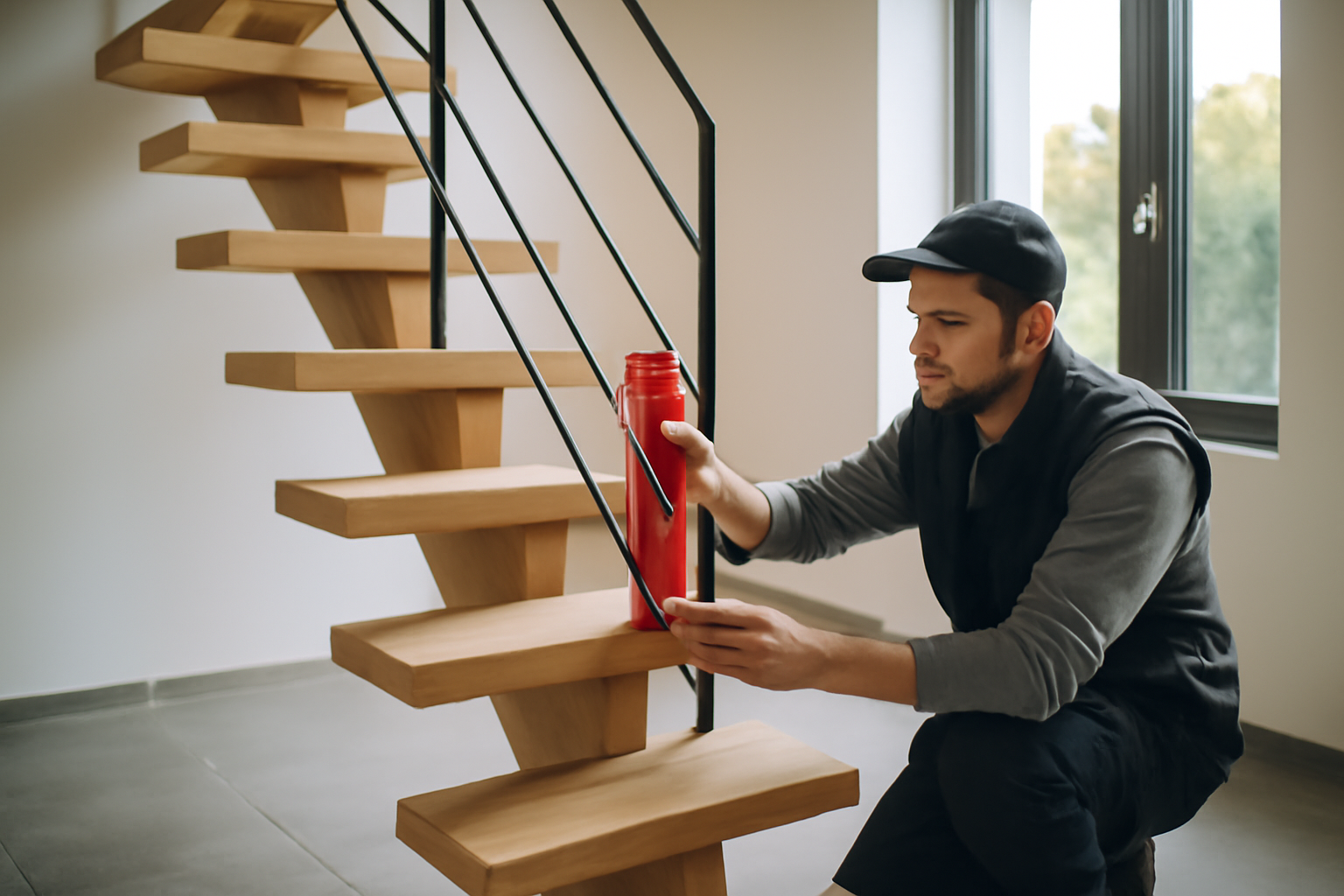 Escalier limon central sur mesure en bois et métal, pose en intérieur avec garde-corps