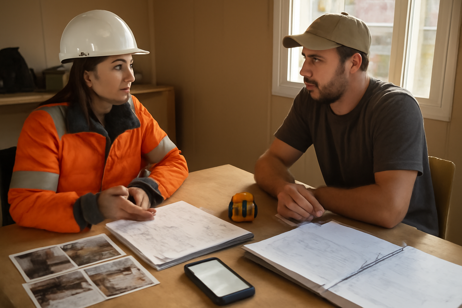 Espace-artisan.fr artisanat pour tous : réunion sur table de chantier avec plans, photos et devis