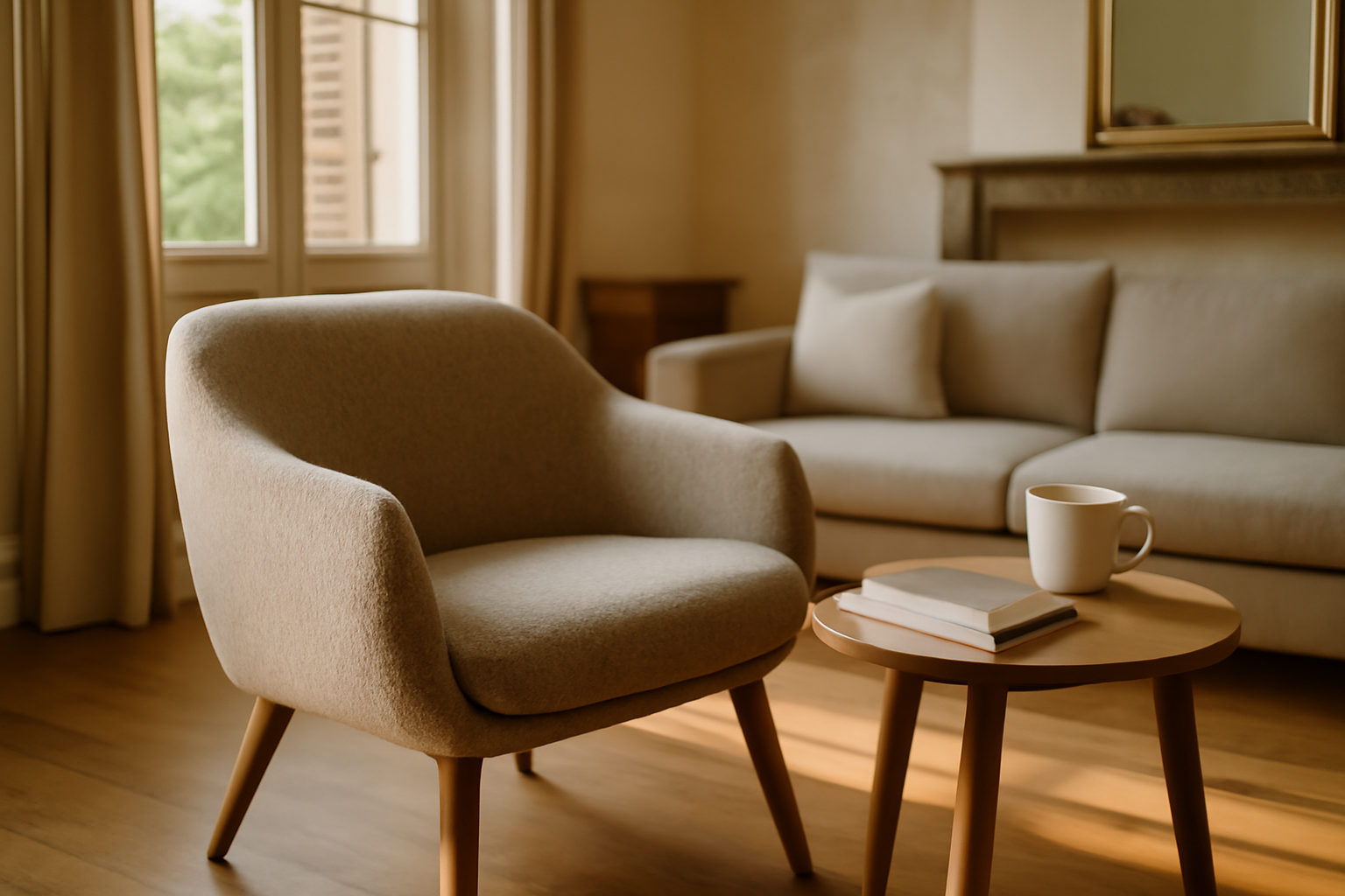 fauteuil design made in design en tissu et bois, dans un salon lumineux en France, lumière naturelle