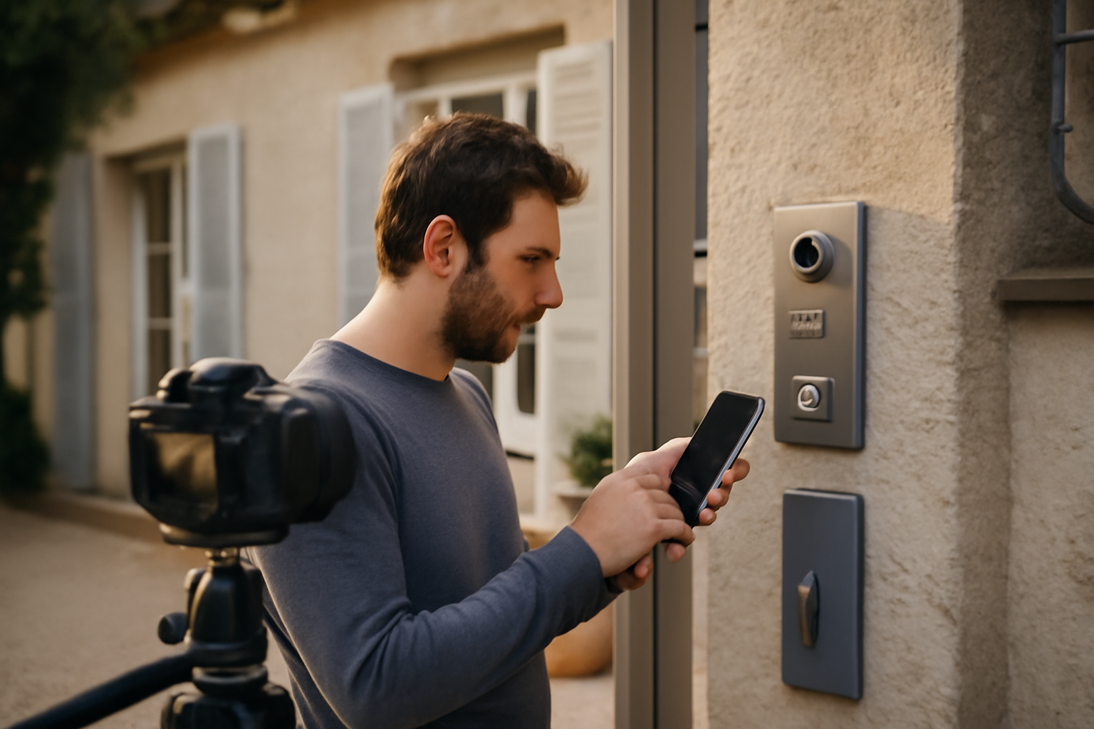 meilleur interphone vidéo connecté 2026 installé à l’entrée d’une maison, écran et caméra visibles