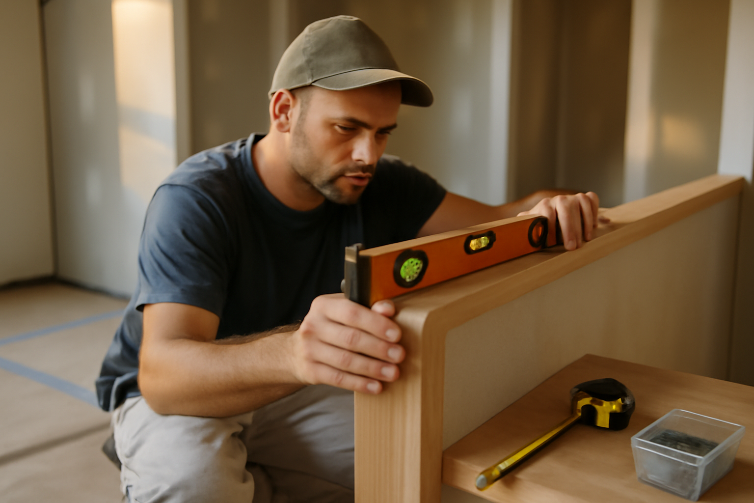 nez de cloison en bois posé sur chant de cloison intérieure, contrôle de l’alignement avant peinture, chantier en France