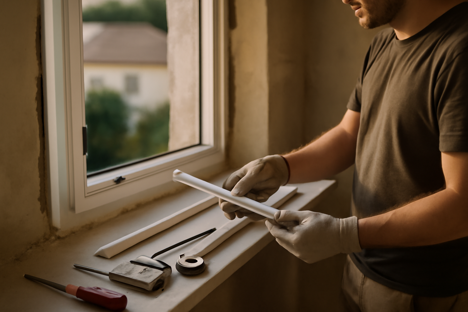 Parclose de fenêtre démontée et cales visibles sur un chantier de rénovation, contrôle des joints