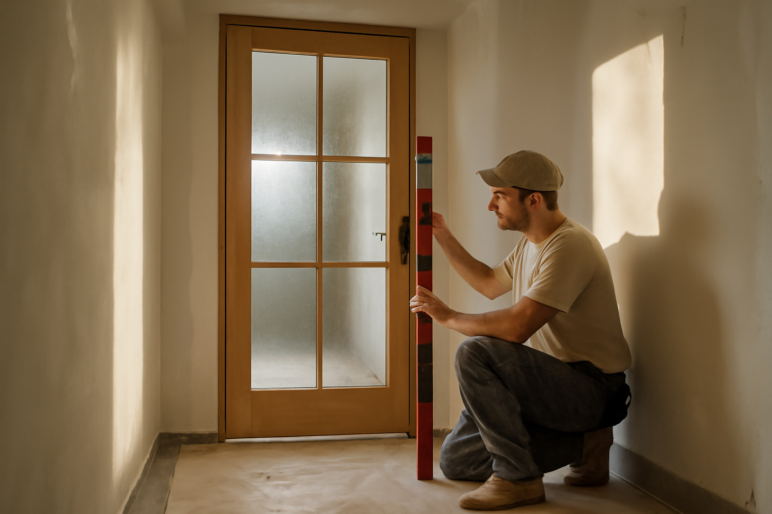 Porte intérieure vitrée avec vitrage feuilleté et cadre bois, pose en rénovation dans un couloir lumineux