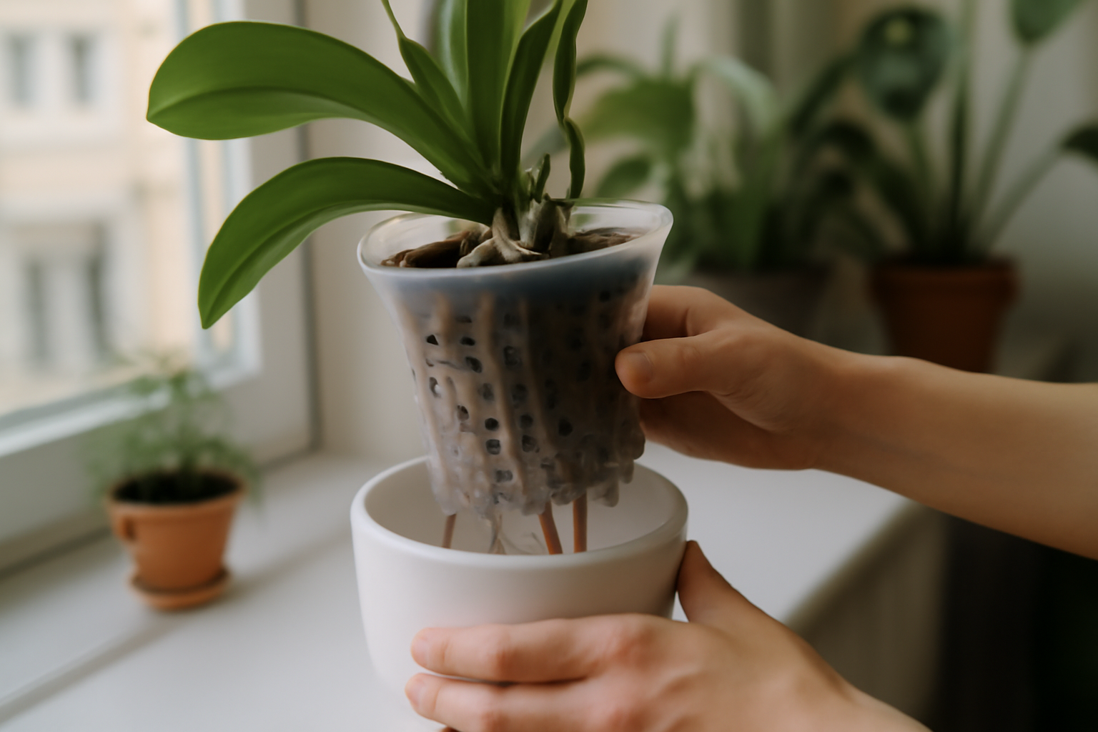 pot orchidée percé pour drainage et aération des racines sur un rebord de fenêtre