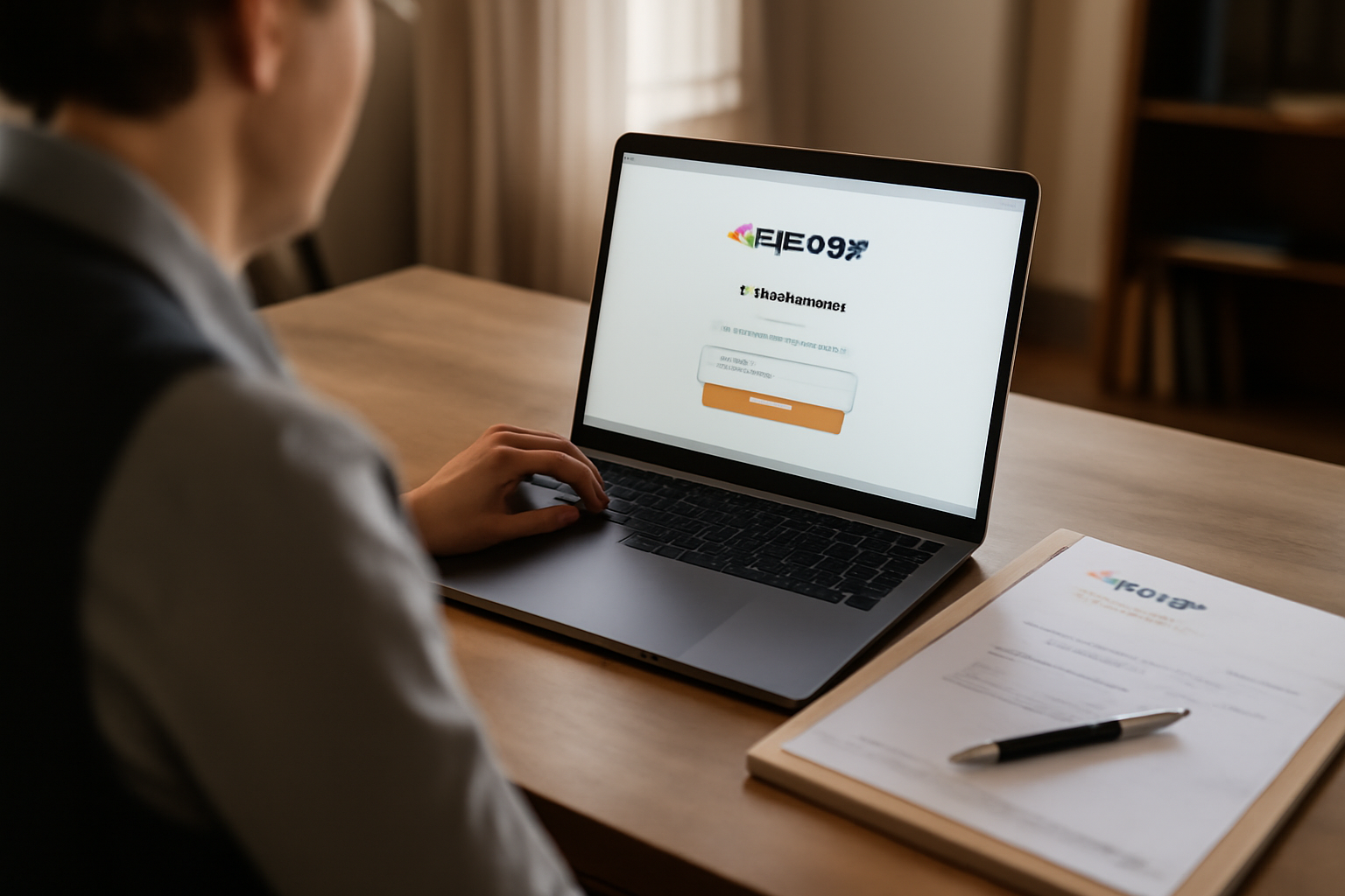Connexion à « Mon compte » PRO BTP sur un ordinateur, documents PRO BTP à côté, lumière naturelle, scène réaliste