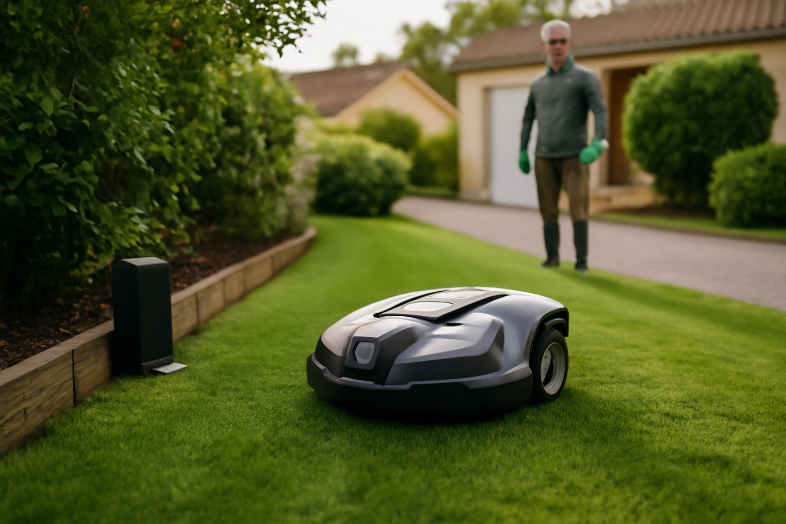 Robot tondeuse sans fil périphérique en jardin français, station d’émission visible