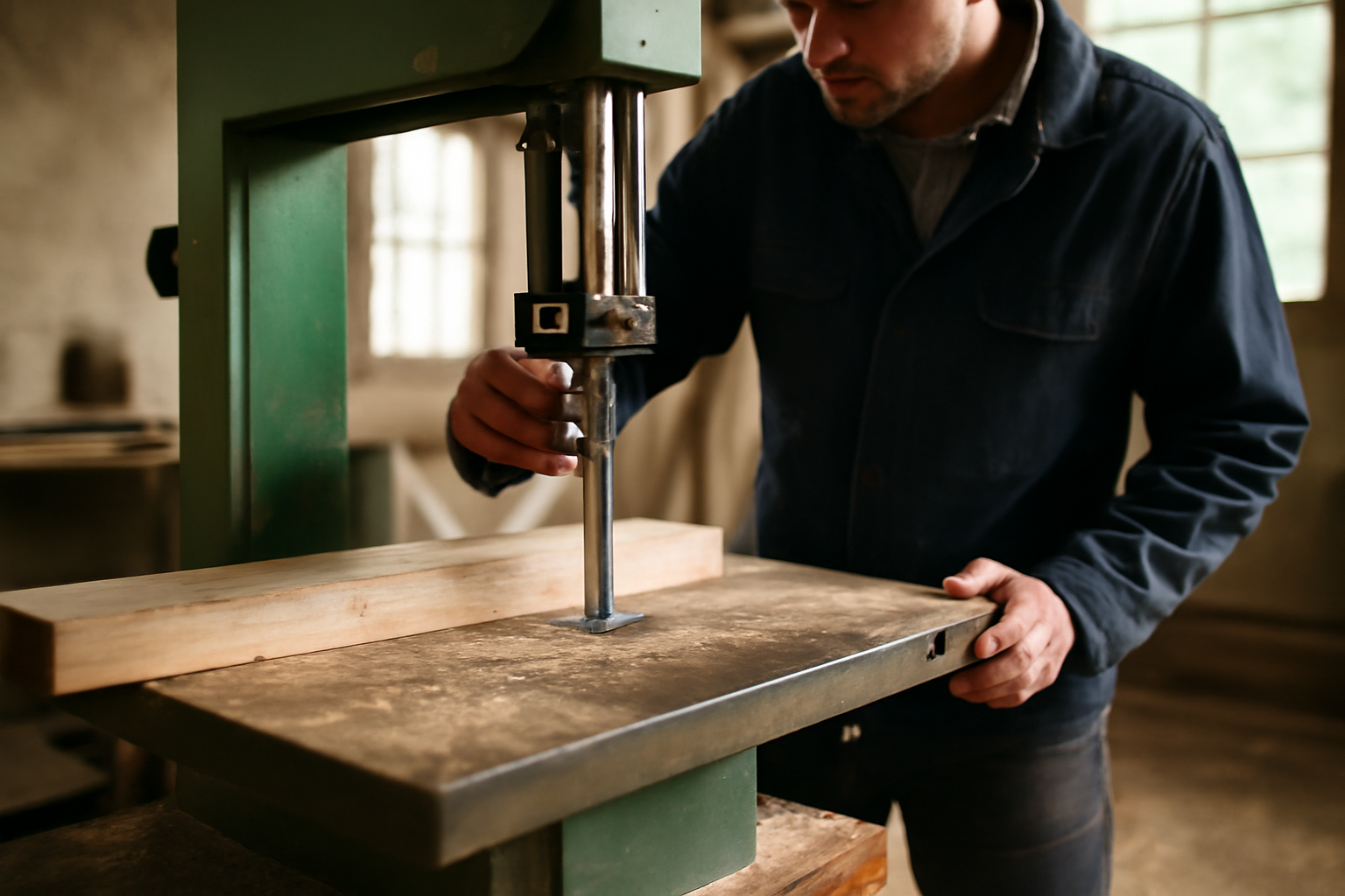 scie a ruban bois en atelier de menuiserie, guide de coupe et ruban visible