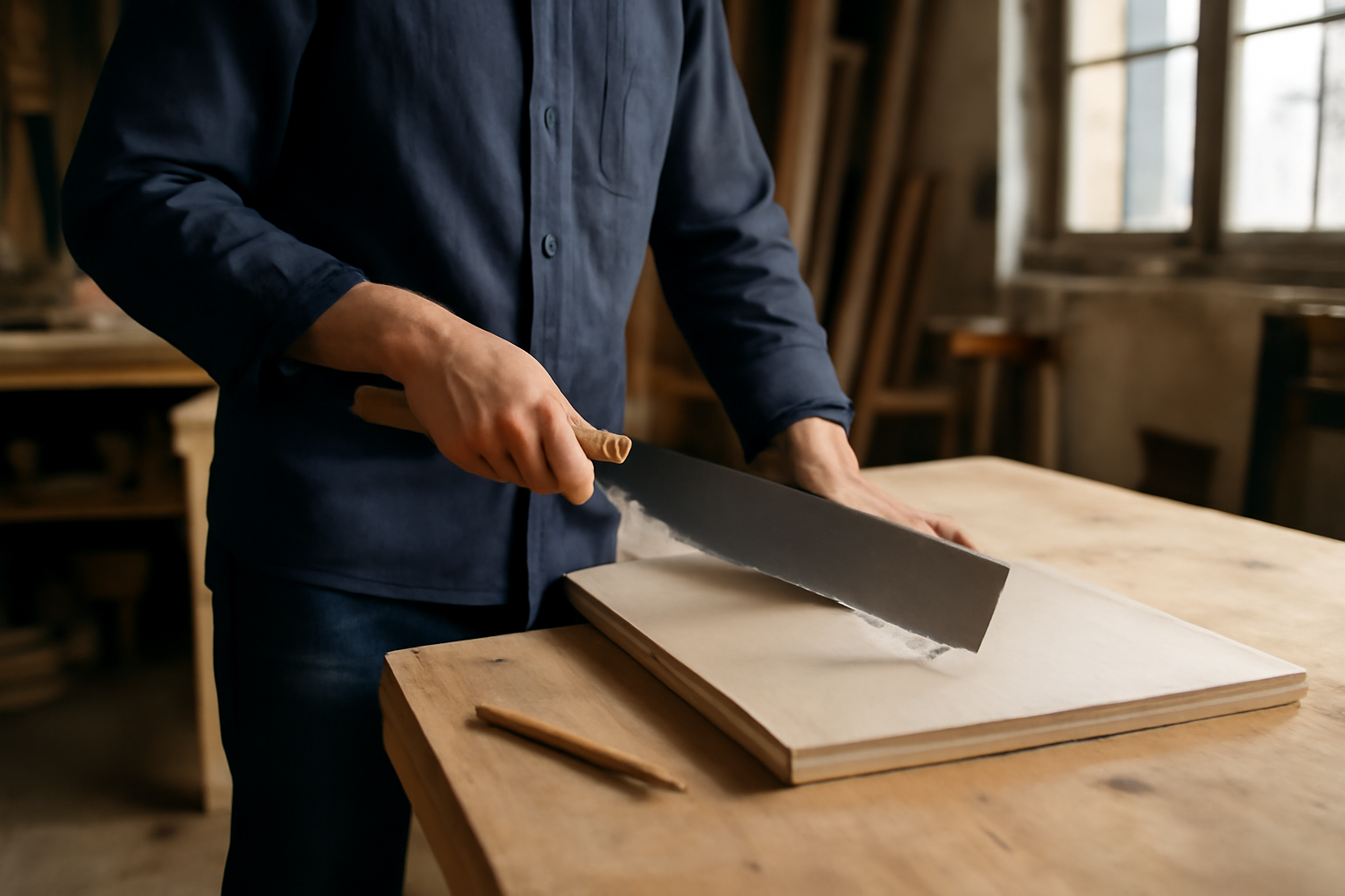 Scie japonaise sur établi en atelier, coupe de bois précise