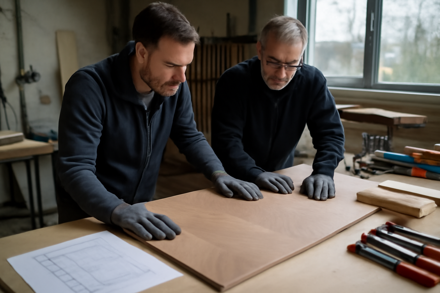 Placage bois en atelier : feuilles alignées, calepinage et contrôle des veines