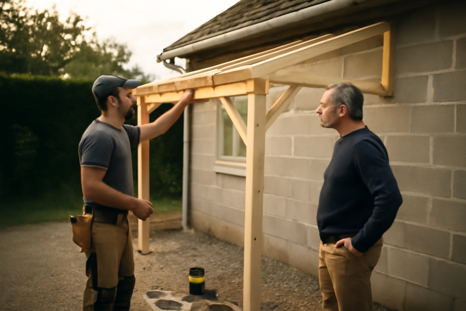 Appenti en bois adossé sur façade, pose du kit avec poteaux et couverture, chantier résidentiel en France