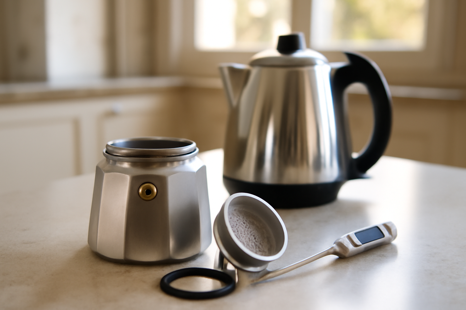 cafetière italienne fonctionnement avec vapeur et joint inspecté sur plan de travail en cuisine