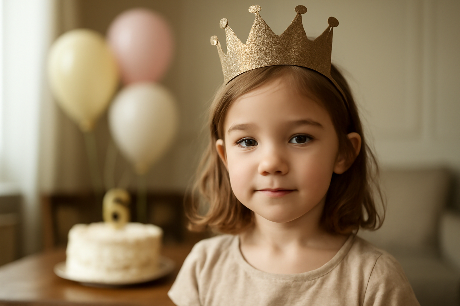Couronne princesse pailletée sur la tête d’une enfant lors d’un anniversaire, lumière intérieure