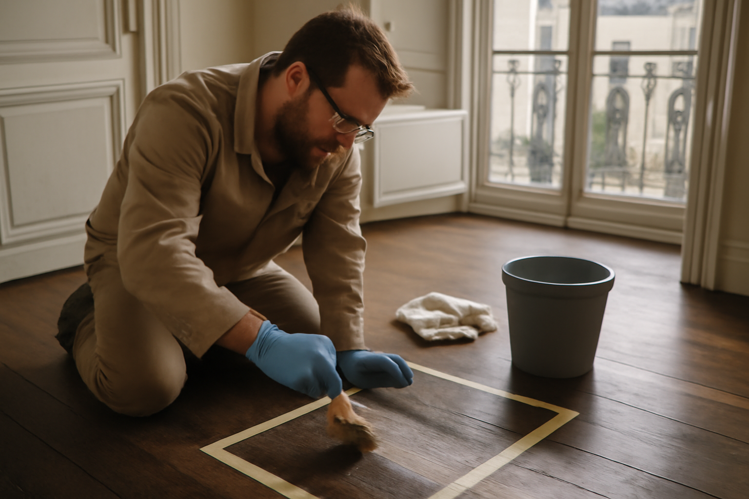 Chantier : application d’un decireur sur parquet ancien, gants et brosses, lumière naturelle