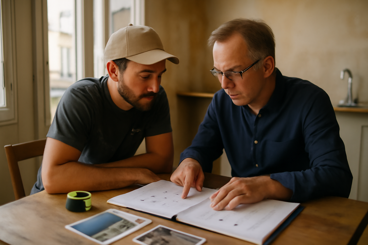 devis cuisine travauxmatch : dossier de mesures et photos sur table de chantier