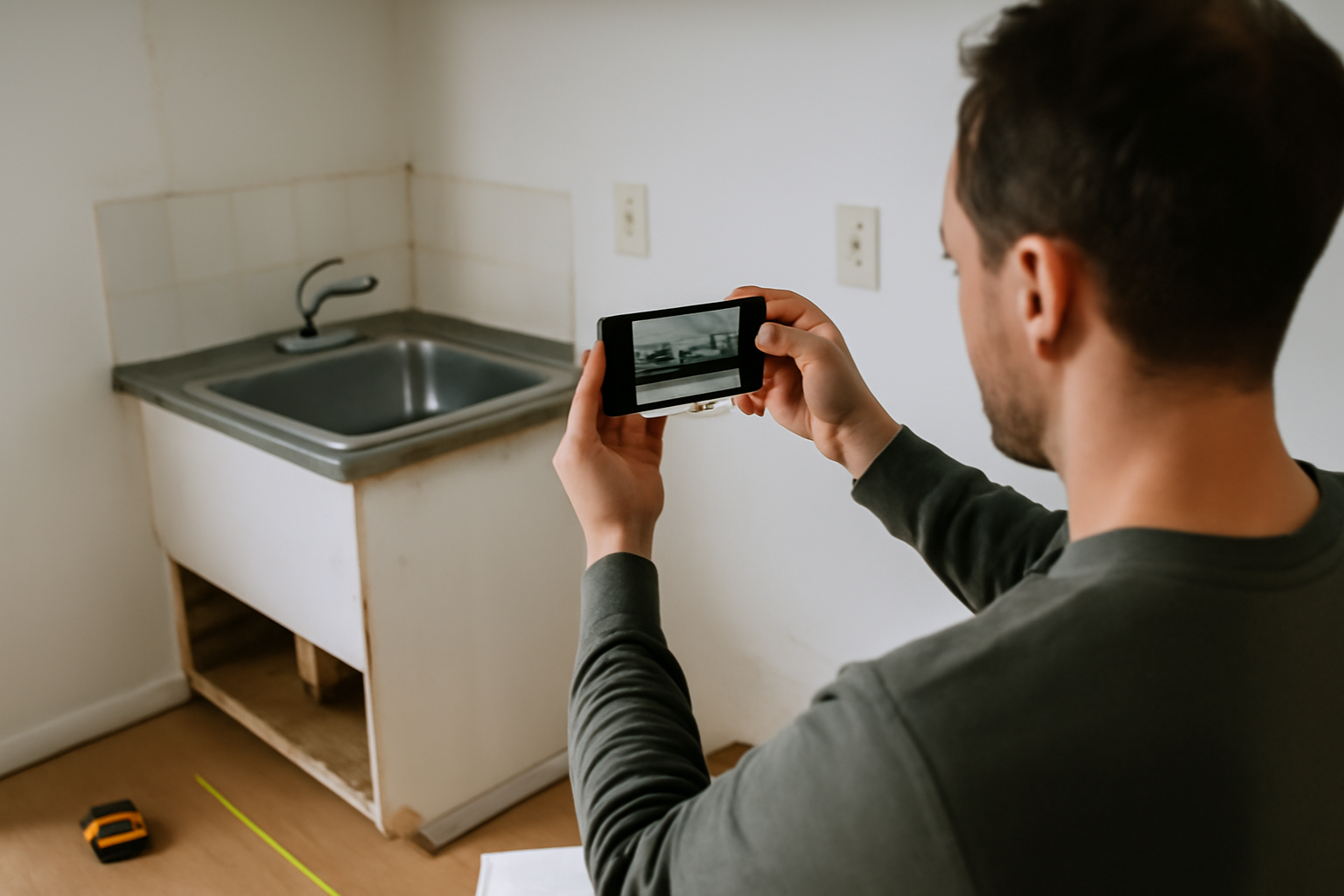 mesures et photos pour devis cuisine travauxmatch sur smartphone et mètre ruban