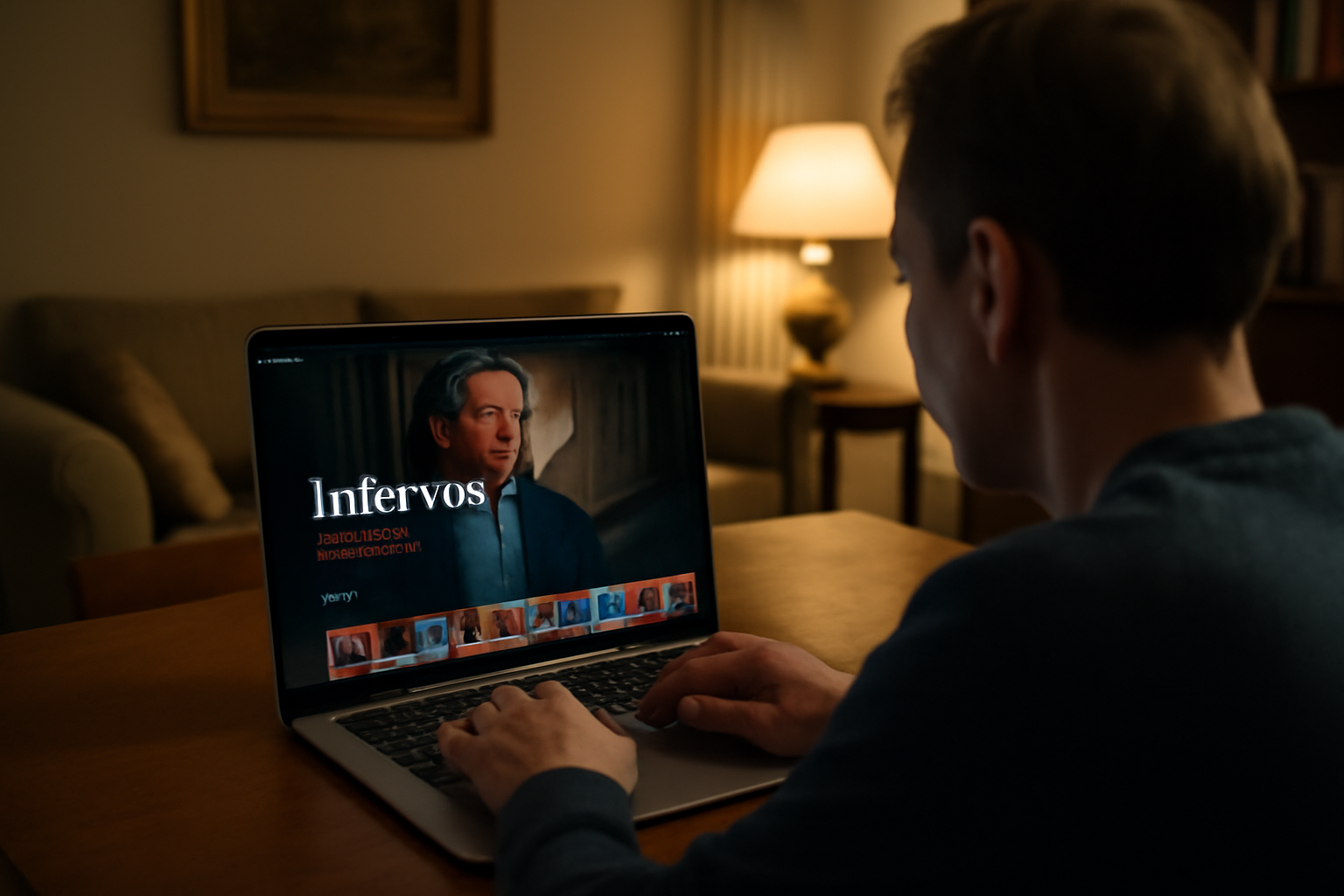 Capture photo réaliste d’une recherche « enforno » montrant la fiche Inferno 2016 avec Ron Howard et Tom Hanks sur un écran, ambiance salon le soir, lumière douce