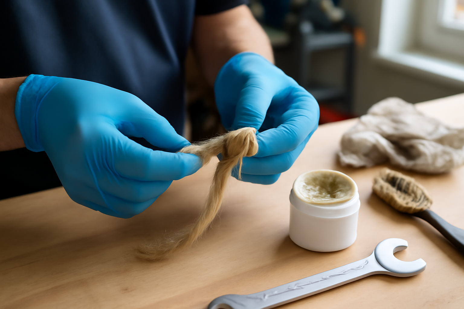 filasse plomberie enroulée sur un raccord fileté laiton, atelier de plomberie, lumière naturelle