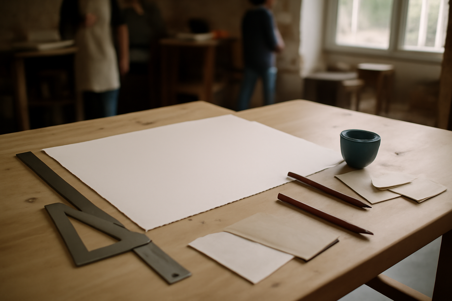 format raisin 50 × 65 cm : feuille de papier beaux-arts posée sur une table de travail avec réglet et échantillons