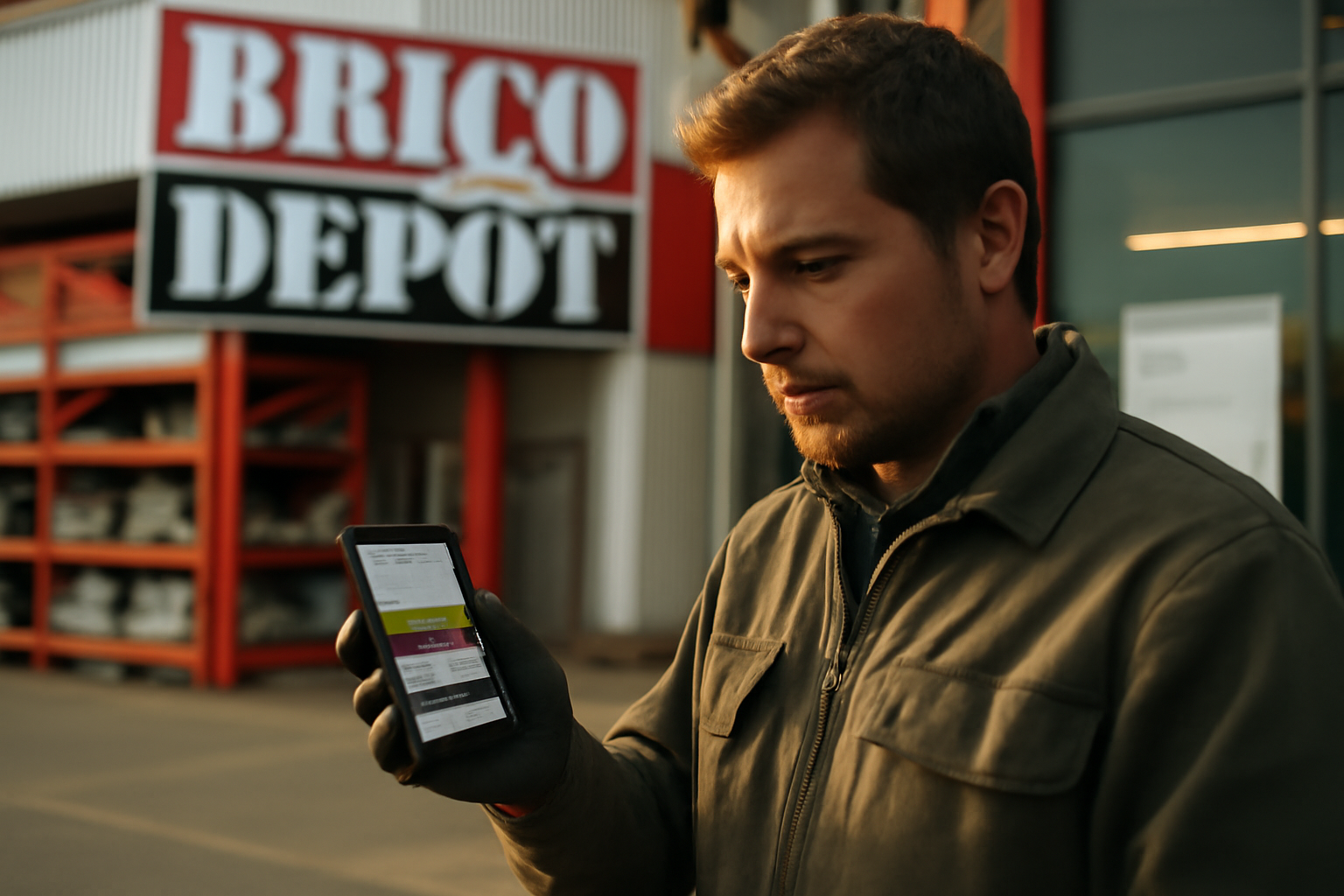 Horaires brico dépôt : vérification de la fiche du magasin sur un téléphone devant une entrée de magasin