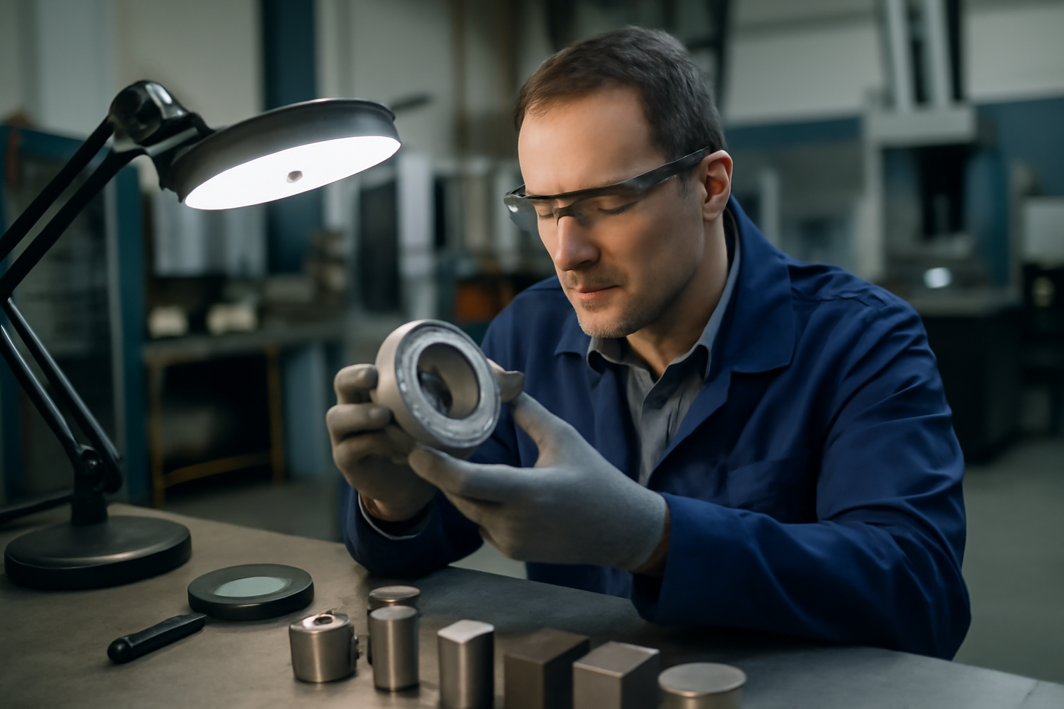Liquid metal embrittlement : inspection d’une pièce métallique au banc de contrôle, lumière froide et gants de sécurité