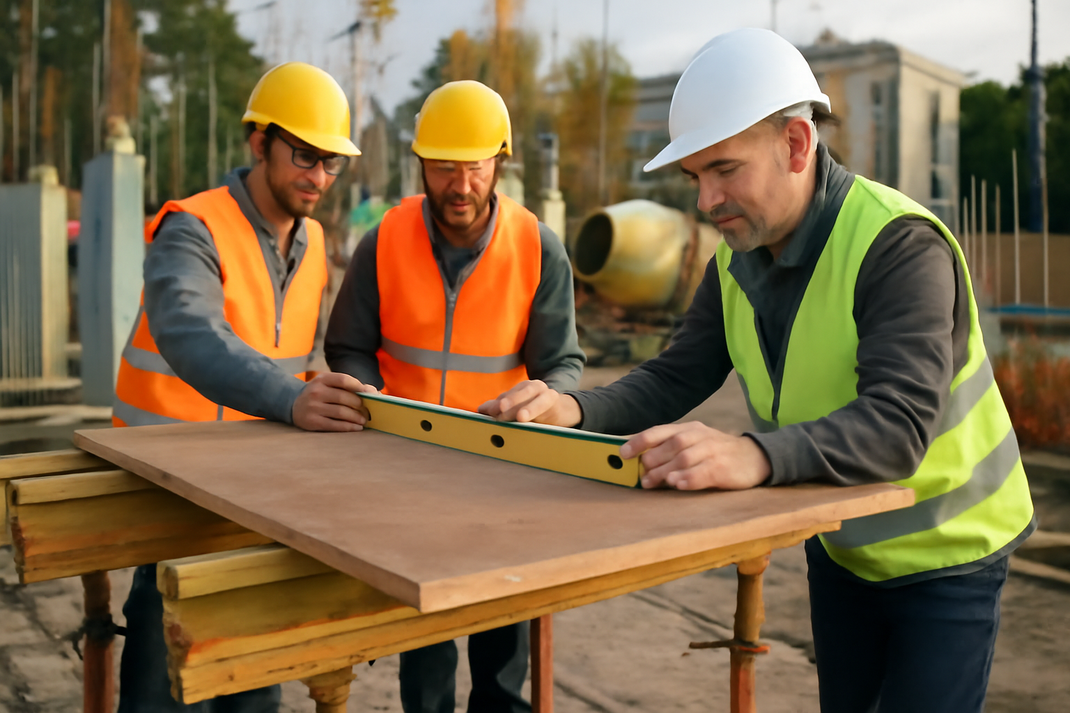 Chantier de coffrage avec planches de coffrage en bois et contreplaqué, équipe en gilets de sécurité, vue au sol avant bétonnage