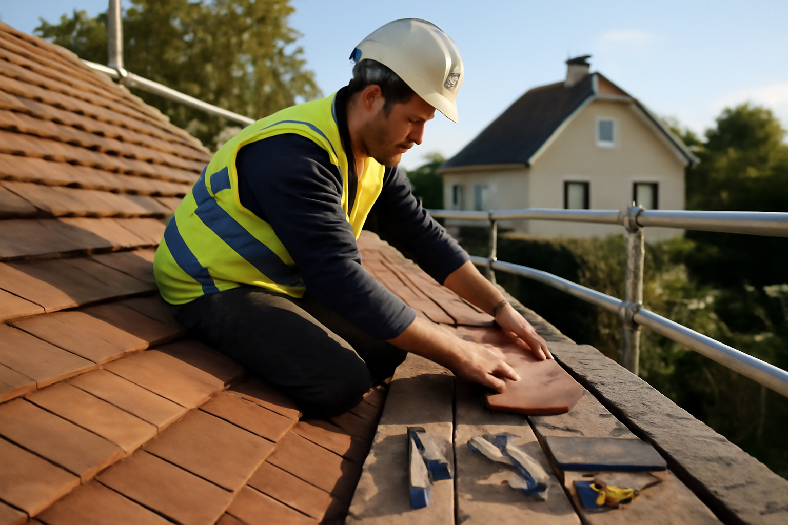 Prix tuile plate : chantier de pose de tuiles plates sur une toiture en France