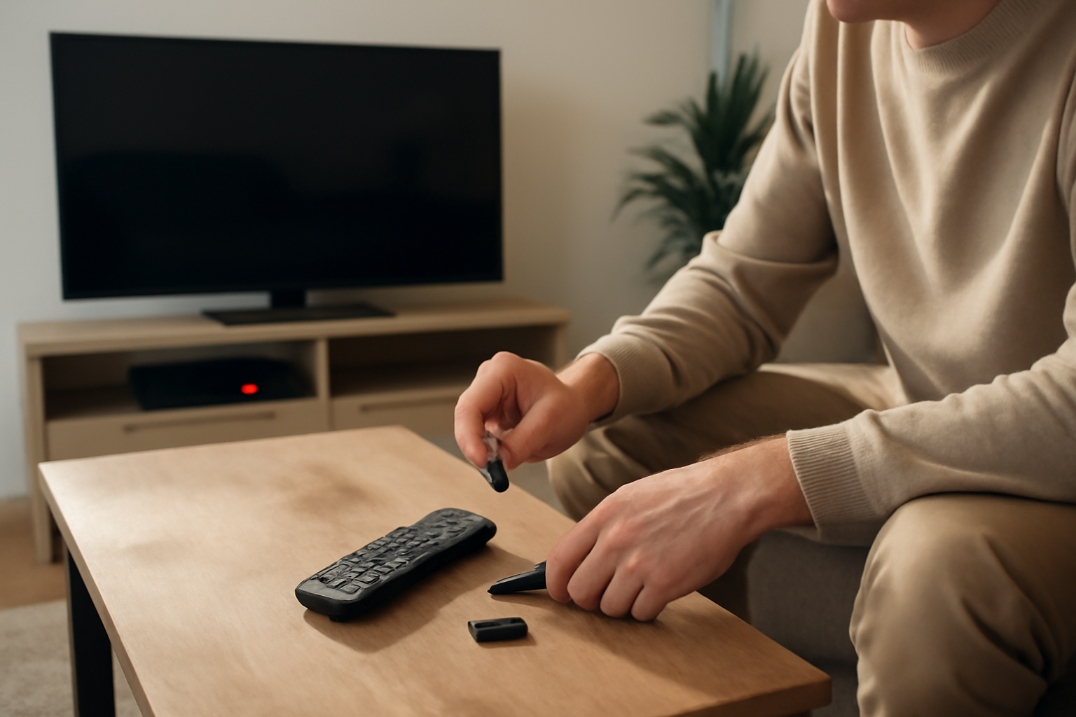 Réinitialiser telecommande free : piles retirées et touche maintenue près du Player Freebox