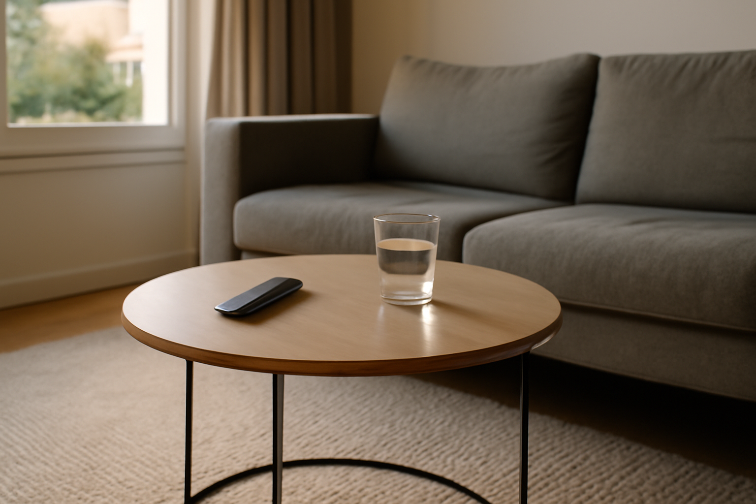 table basse design ronde en bois et métal dans un salon lumineux, vue de dessus