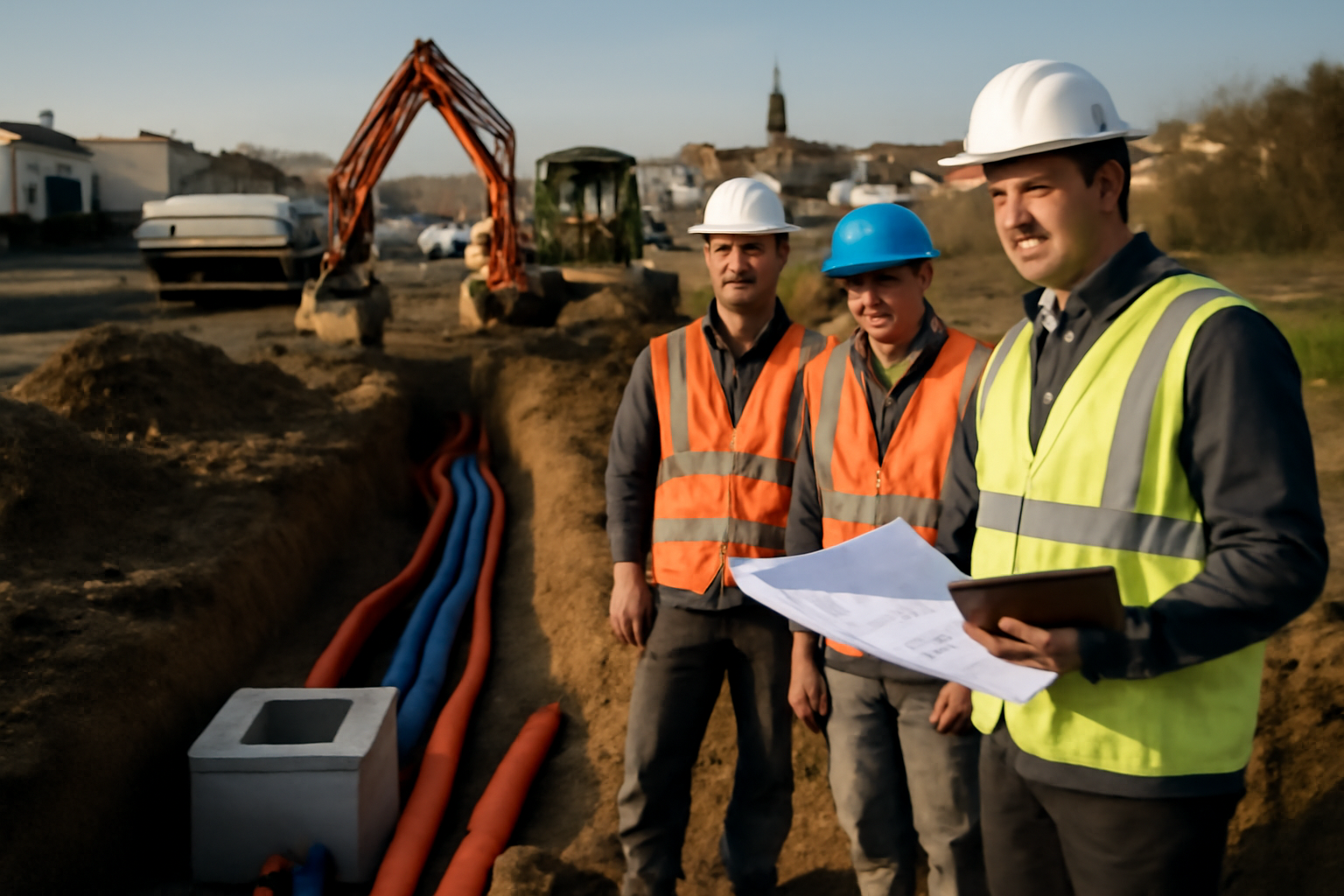 chantier vrd avec tranchées, regards et ouvriers sur site